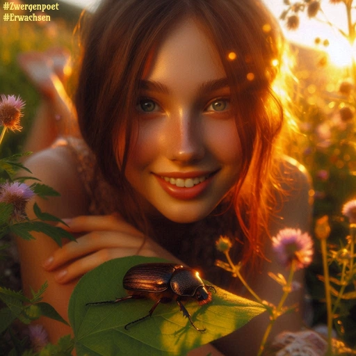 Eine sonnenbeschienene Sommerwiese. Im Vordergrund ein kleiner, braun-schwarz schimmernder Käfer, der über ein Blatt krabbelt. Dahinter lächelt eine junge Frau den Betrachter an.