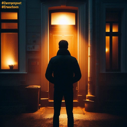 Eine Abendszene. Der Blick von hinten auf einen Mann, der leicht nach vorn geneigt, mit den Händen in den Jackentaschen, vor einer erleuchteten Haustür steht.