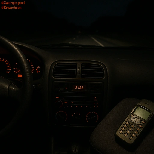 Das Cockpit eines Autos während einer Fahrt im Dunkeln. Auf dem Beifahrersitz liegt ein typisches Mobiltelefon der Jahrtausendwende.
