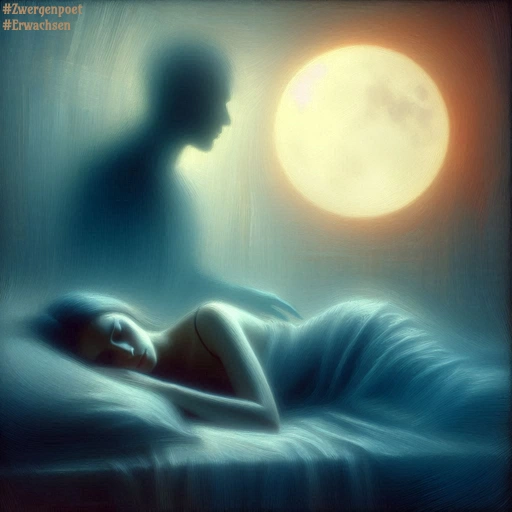 Bei Vollmond liegt eine Frau schlafend im Bett. Bei ihr sieht man eine unwirkliche, männliche Silhouette sitzen.