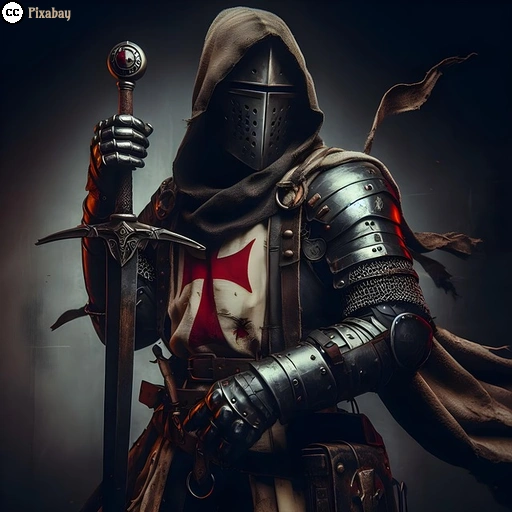 Ein düsterer Kreuzritter mit Kapuze und geschlossener Helmmaske steht regungslos auf sein Schwert gestützt. Die dunkle Rüstung, das rote Kreuz auf seiner Brust und die wehenden Stoffbahnen verleihen ihm eine geheimnisvolle, bedrohliche Ausstrahlung.
