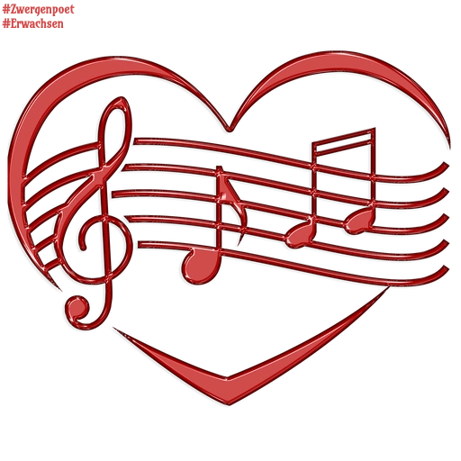 Ein rotes Herz umrahmt ein Notensystem mit Violinschlüssel und mehreren Musiknoten.