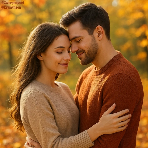 Ein junges Liebespaar umarmt sich innig in herbstlicher Umgebung.
