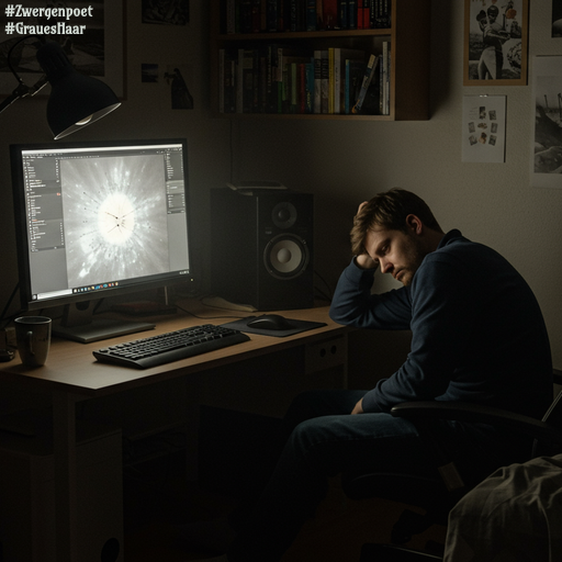 Ein kleiner Arbeitsraum schwach erhellt von einem Computermonitor. Ein Mann sitzt müde davor.