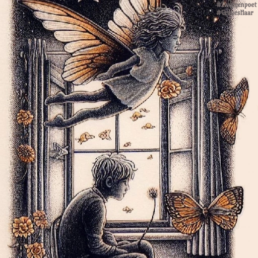 Illustration im Stil einer Kohlezeichnung mit warmen Farbakzenten: Ein Junge sitzt nachdenklich am offenen Fenster. &uuml;ber ihm schwebt eine gefl&uuml;gelte Fee, w&auml;hrend Blumen und Schmetterlinge das Zimmer und den Blick nach draußen schm&uuml;cken.