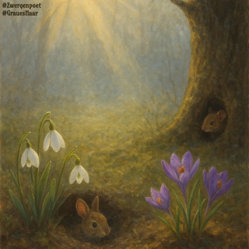 Auf einer sonnigen Waldlichtung bl&uuml;hen Schneegl&ouml;ckchen und violette Krokusse. Ein Kaninchen und eine Haselmaus blicken neugierig aus ihren Wohnh&ouml;hlen hervor.