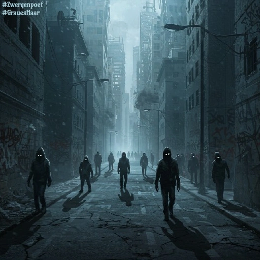 Dunkle, zombieartige Gestalten mit leuchtenden Augen ziehen durch eine verlassene Straßenschlucht und symbolisieren die Angst und Entmenschlichung während der COVID-Pandemie.