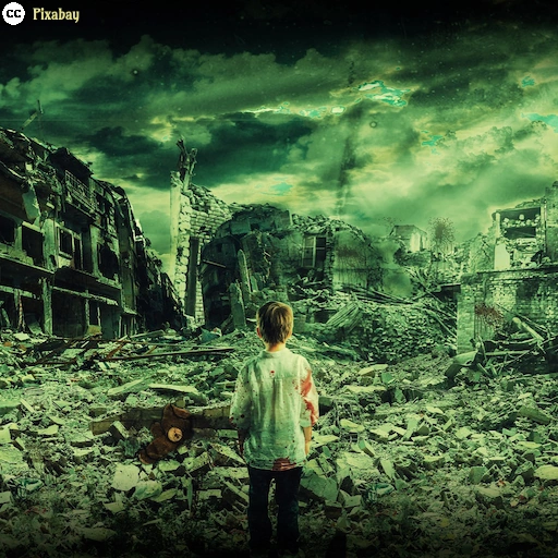 Ein Kind steht vor den Trümmern einer zerstörten Stadt und blickt auf die Ruinen einer vom Krieg gezeichneten Landschaft.