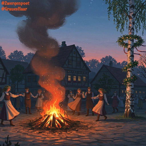 Auf einem Dorfplatz tanzen Menschen um ein großes Maifeuer und einen geschmückten Maibaum, während die Dämmerung hereinbricht.