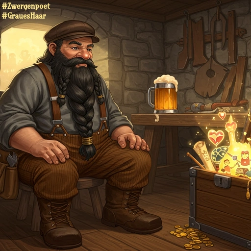 Ein Zwerg sitzt in einer gemütlichen Werkstatt vor einer geöffneten Holztruhe. Darin leuchten Zeichnungen, Briefe, Symbole, kleine Erinnerungsstücke und Herzen. Auf dem Tisch steht ein Krug Bier.
