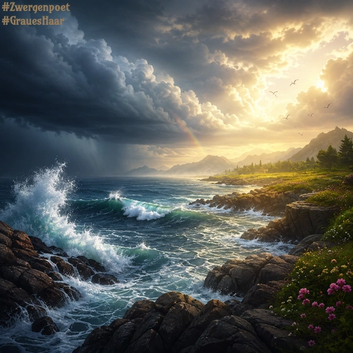 Eine Küstenlandschaft mit schroffen Felsen im Vordergrund. Links noch die tobende See mit aufgewühlten Wellen, rechts öffnet sich der Himmel und lässt die Sonne hindurch.
