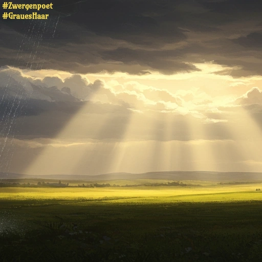 Ein Landschaftsbild. Die Sonne bricht durch dunkle Wolken, ein letzter Regenschauer geht nieder.