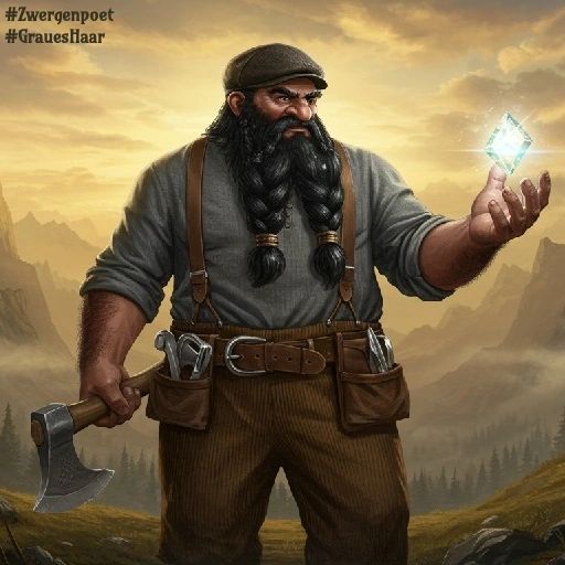 Ein Zwerg, der in der Hand einen schillernden Edelstein hält. Im Hintergrund ferne, majestätische Berge im Sonnenlicht.