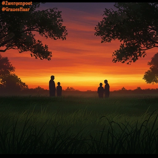 Eine friedliche Landschaft im warmen Licht eines Sonnenuntergangs. Zwischen alten Bäumen stehen mehrere Menschen schweigend auf einer Wiese.