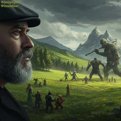 Ein Mann mittleren Alters blickt auf eine Hügellandschaft in der Ferne. Dort streiten sich ein gewaltiger Riese und ein massiger Bergtroll, Fabelwesen schauen zu.