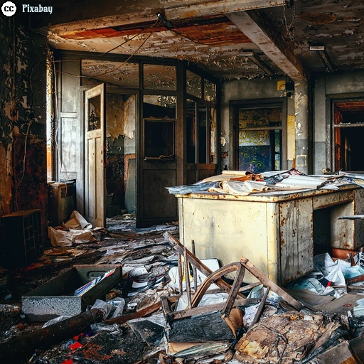 Ein verwahrlostes und zerstörtes Büro, in dem Papier und kaputte Möbel auf dem Boden liegen.