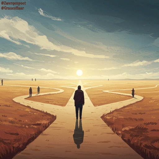 Eine Person steht an einer Wegkreuzung in einer offenen Landschaft, von der mehrere Wege in verschiedene Richtungen führen. Der Himmel ist leicht bewölkt.