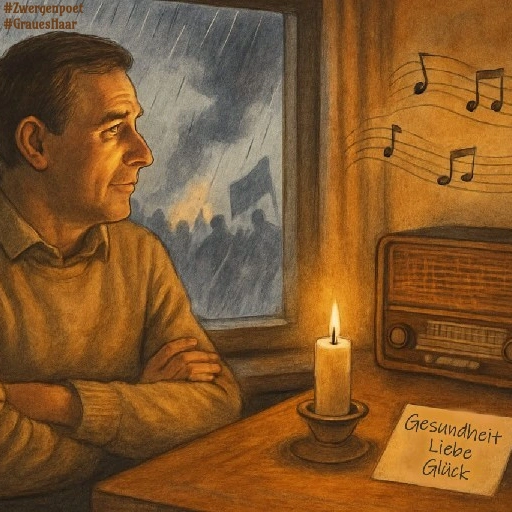 Ein Mann sitzt bei Kerzenlicht am Fenster. Draußen sind Regen und schemenhafter politischer Aufruhr zu sehen, während drinnen ein altes Radio und ein Zettel mit den Worten &bdquo;Gesundheit, Liebe, Glück&rdquo; für Ruhe und Zuversicht stehen.