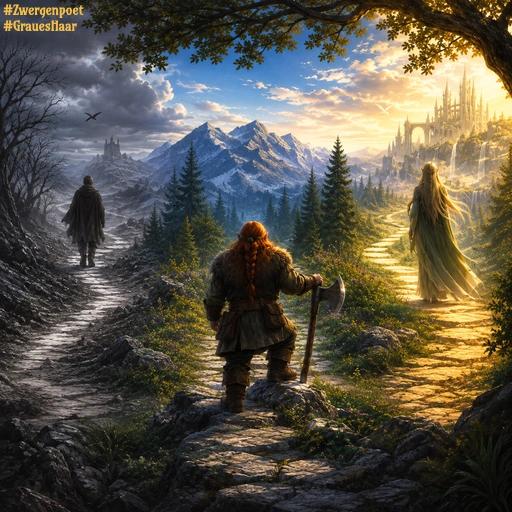 Drei symbolische Waldpfade zeigen einen Menschen, einen Zwerg und einen Elf. Der Mensch geht durch eine graue, vergängliche Landschaft, der Zwerg steht auf einem ausgewogenen Pfad und der Elf wandert einen langen goldenen Weg als Sinnbild verschiedener Lebenszeiten.