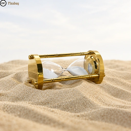Eine goldene Sanduhr liegt auf hellem Sand.