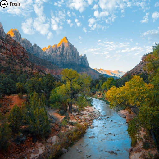 Ein Fluss schlängelt sich durch das bewaldete Tal des Zion-Nationalparks in Utah zwischen hohen Felsbergen unter einem wolkenreichen Himmel.