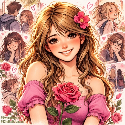 Ein lächelndes Mädchen mit langem, dunkelblondem Haar, in dem eine rosafarbene Blüte steckt. Sie trägt ein pinkes Oberteil und hält eine rosafarbene Rose vor ihrem Oberkörper.