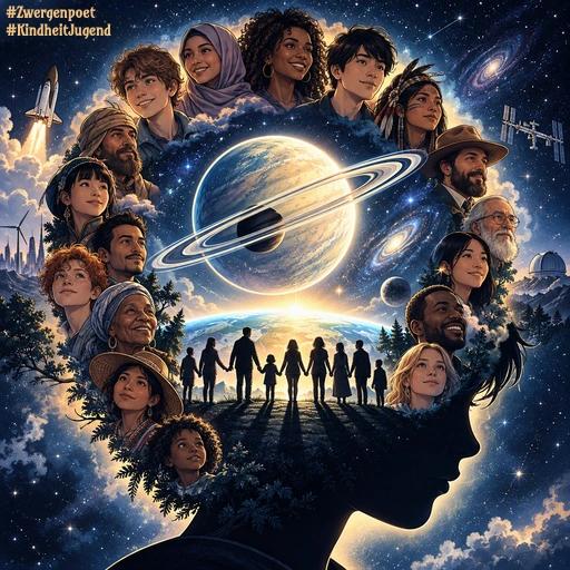 Die Silhouette eines menschlichen Kopfes ist von einer leuchtenden Aura umgeben. Im Inneren stehen Menschen Hand in Hand unter einem Ringplaneten, umrahmt von Porträts von Menschen unterschiedlicher Kulturen.