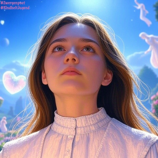 Eine junge Frau mit verträumtem Blick steht in einem blühenden Rosengarten. Über ihr schweben Herzen und engelartige Gestalten vor einem strahlend blauen Himmel.
