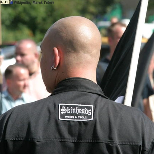 Ein deutscher Neonazi-Skinhead von hinten. Auf dem Rücken seiner schwarzen Jacke befindet sich ein Aufnäher mit der Aufschrift „Skinheads – Weiß & stolz“. Im Hintergrund sind Fahnen und weitere Demonstrationsteilnehmer zu sehen.