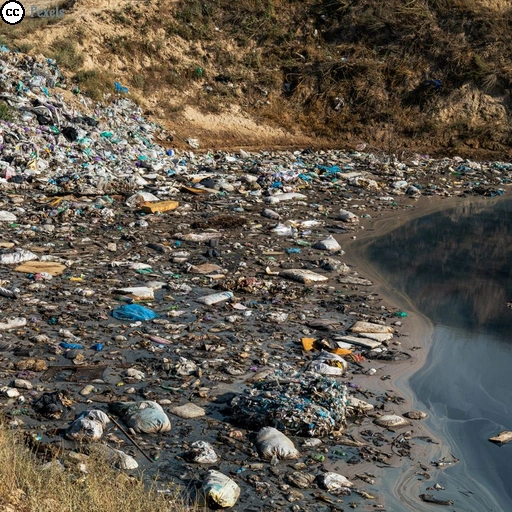 Eine illegale Müllkippe am Ufer eines verschmutzten Gewässers mit Plastik, Hausmüll und anderem Abfall.