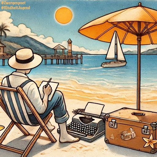 In einem Strandstuhl sitzt ein Mann mit Hut und Schreibblock und Stift. Vor ihm steht ein Sonnenschirm, darunter ein großer Koffer und eine altmodische Schreibmaschine vor seinen Füßen. Im Hintergrund sieht man einen Steg, einen Leuchtturm und ein Segelboot.