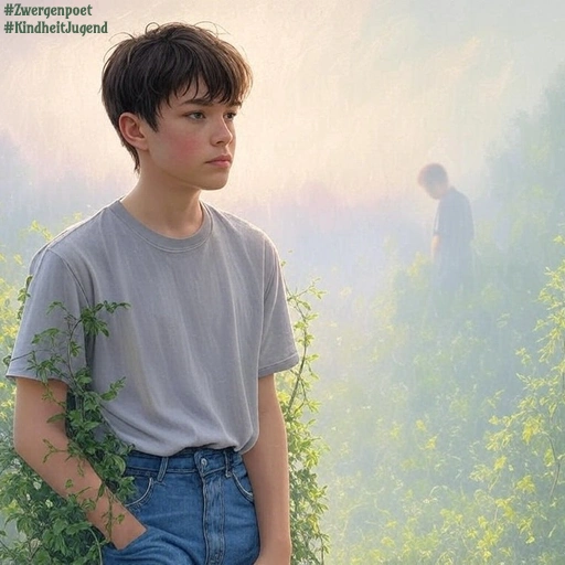 Ein Junge in grauem T-Shirt und Bluejeans steht zwischen Ranken in einem nebligen Park. Im Hintergrund zeichnet sich die Silhouette eines weiteren Menschen im Dunst ab.