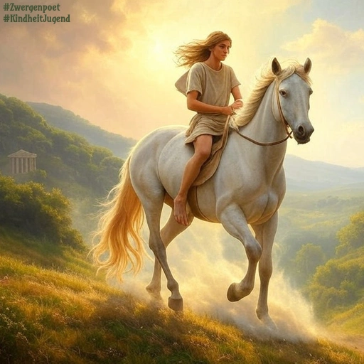 Ein langhaariger Knabe reitet auf einem weißen Schimmel durch eine hügelige Landschaft. Im Hintergrund erhebt sich zwischen bewaldeten Hügeln ein antik-griechischer Tempel.