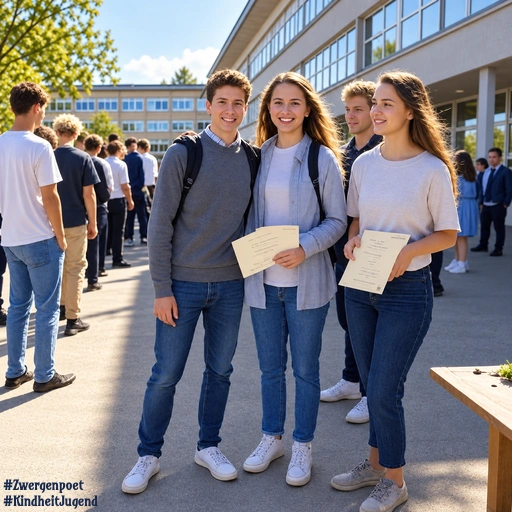 Drei Schülerinnen und Schüler mit Abschlusszeugnissen stehen lächelnd vor ihrem Schulgebäude. Im Hintergrund unterhalten sich weitere Jugendliche nach der Zeugnisvergabe auf dem Schulhof.