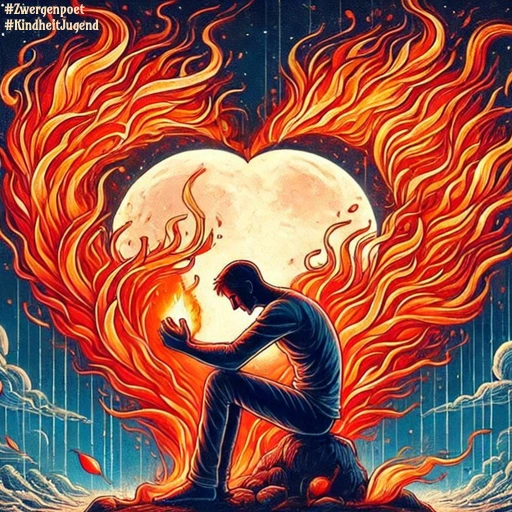 Ein Mann sitzt auf einem Stein vor einem großen Herz aus Flammen. Dahinter sind der Vollmond und Wolken am Nachthimmel zu sehen.
