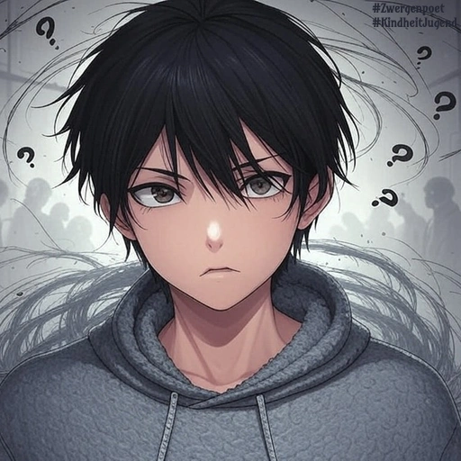 Ein Jugendlicher im grauen Hoodie blickt ernst nach vorn. Über seinem Kopf schweben Fragezeichen, im Hintergrund sind schemenhafte Menschen zu erkennen.