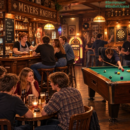 Eine gemütliche Dorfkneipe mit Holztresen, Barhockern, Billardtisch, Dartscheibe und Jukebox. Mehrere junge Frauen und Männer unterhalten sich, während die Wirtin hinter dem Tresen arbeitet.