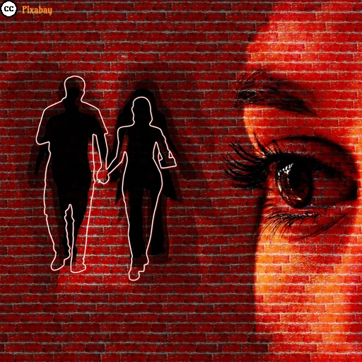 Bildmontage mit einer roten Backsteinmauer. Rechts ist eine Nahaufnahme vom Auge einer Frau zu sehen, links die dunklen Silhouetten eines Händchen haltenden Paares, das von ihr beobachtet wird.