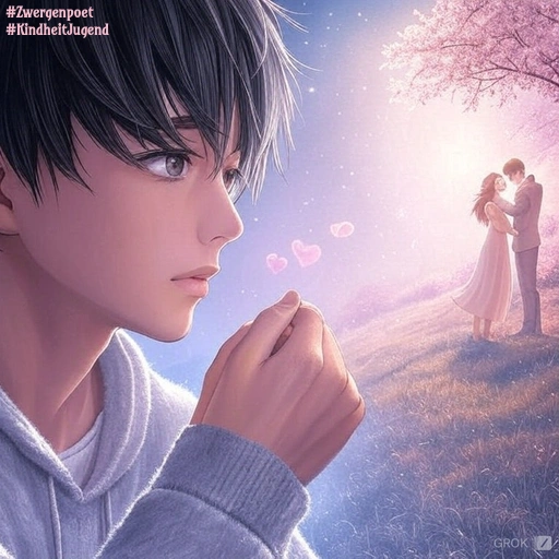Ein nachdenklicher Junge mit dunklen Haaren trägt einen grauen Hoodie und blickt in die Ferne. Rechts im Hintergrund der Manga-Illustration steht unter einem sonnendurchfluteten Baum ein Pärchen.