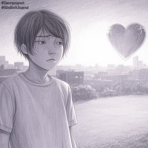 Illustration im Stil einer Bleistiftzeichnung: Ein trauriger Junge steht vor einer Stadtkulisse, während hinter ihm ein großes Herz über einer freien Fläche schwebt.