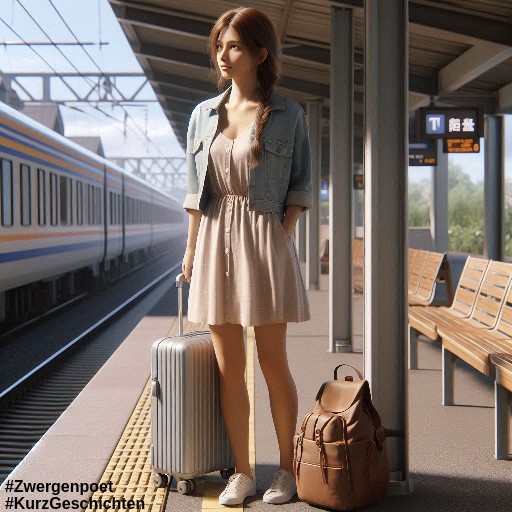 Eine junge Frau steht an einem Bahnsteig und wartet auf ihren Zug. Sie trägt ein leichtes Sommerkleid, darüber eine kurze Jacke. Ihre braunen Haare sind zu einem Zopf gebunden. Sie hat einen Koffer und einen Rucksack.