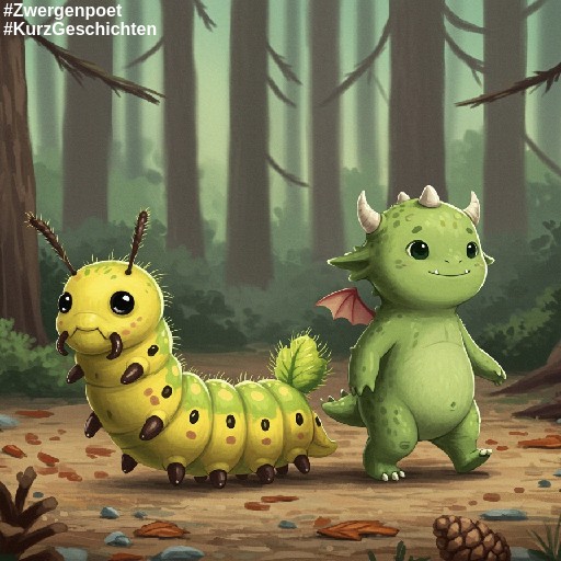 Ein kleines grünes Monsterkind, ähnlich einem Drachen, und ein raupenartiges Wesen, gelb mit grünen Tupfen, gehen durch einen Nadelwald.