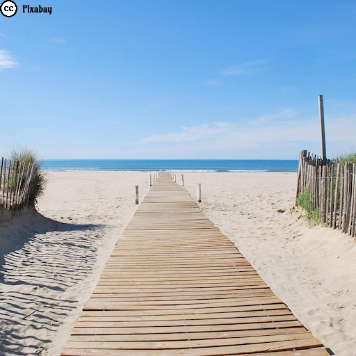 Ein Pfad aus Holzbohlen, der durch den Sand über die D&uuml;nen zum Meer hinf&uuml;hrt. Bild von Nancy Steffens auf Pixabay.