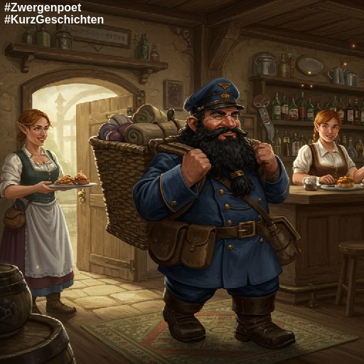 Der freundliche Postzwerg betritt eine gem&uuml;tliche, m&auml;rchenhafte Taverne, in der Menschen, Elfen, Zwerge und Halblinge anwesend sind.