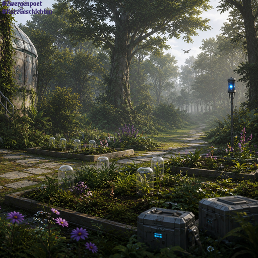 Ein naturnaher Forschungsgarten mit futuristischen Pflanzbeeten am Rand eines dichten Waldes. Blau leuchtende Technik kontrastiert mit der üppigen Natur.