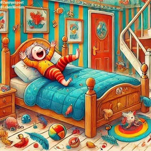 Ein Bild wie aus einem Kinderbuch, auf dem ein chaotisches Kinderzimmer dargestellt ist, in dem ein Kind auf seinem Bett herumtollt.