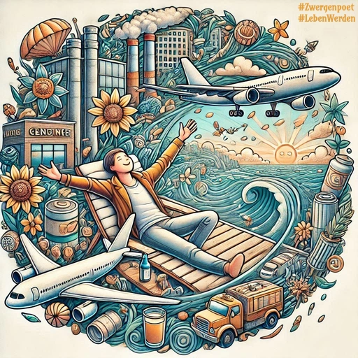 Eine farbenfrohe Collage mit Urlaub, Meer, Flugzeugen, Getränken und einer entspannt liegenden Person als Sinnbild für Lebensfreude.