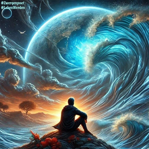 Im Mittelpunkt sitzt ein junger Mann auf einem Felsen am Meer, während sich gewaltige Wellen auftürmen.