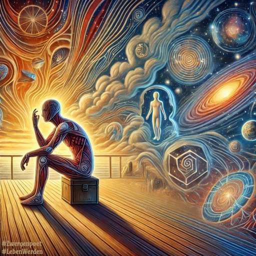 Ein menschlicher Körper, bei dem nur Muskeln und Sehnen sichtbar sind, sitzt auf einer Holzkiste. Um ihn herum sieht man bizarre Wolken, Spiralen und Lichtelemente.