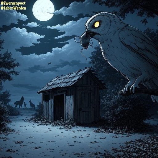 Eine Eule sitzt mit einer Maus im Schnabel auf einem Ast. Nahebei steht eine kleine Hütte am Waldrand, während in der Ferne Wölfe unter dem Vollmond zu sehen sind.